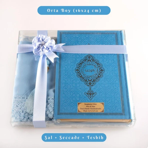 Şal + Seccade + Tesbih + Kuran Hediye Seti (Orta Boy, Termo Deri, Açık Mavi) ürün görseli 1