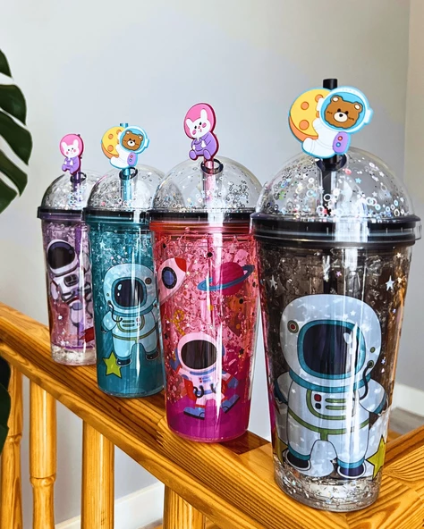 Astronot Suluk Pipetli Buzlu Cam Görünümlü Led Işıklı 450 ML Çift Katman Mika 2094 KRMZ - 4