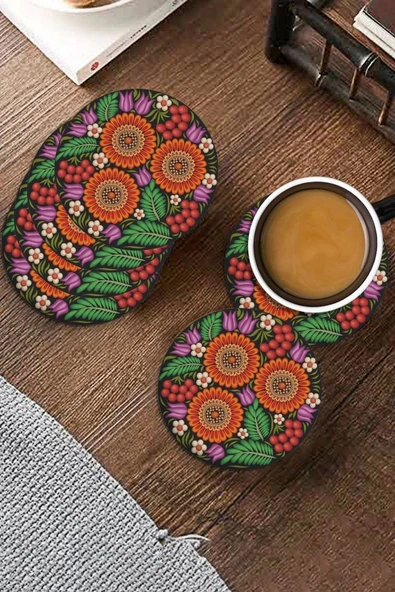 Valerine Life Kırmızı Papatyalı Yıkanabilir Kaydırmaz Ofis Çay ve Fincan Bardak Altlığı 10x10cm 6 Adet - Resim 3