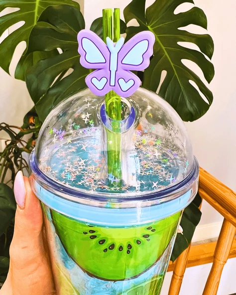 Suluk Pipetli Meyve Görselli Led Işıklı 450 ML Çift Katman Mika Su Şişesi 2096 Kiwi - 3