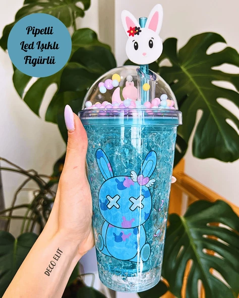 Suluk Pipetli Buzlu Cam Görünümlü Led Işıklı 450 ML Çift Katman Mika Su Şişesi 2087 Mavi