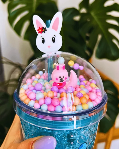 Suluk Pipetli Buzlu Cam Görünümlü Led Işıklı 450 ML Çift Katman Mika Su Şişesi 2087 Mavi - 3