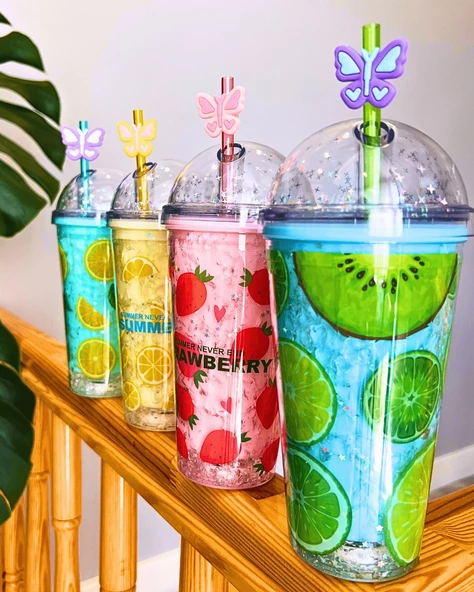 Suluk Pipetli Meyve Görselli Led Işıklı 450 ML Çift Katman Mika Su Şişesi 2096 Kiwi - 4