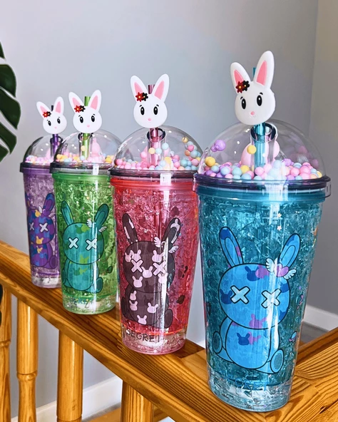 Suluk Pipetli Buzlu Cam Görünümlü Led Işıklı 450 ML Çift Katman Mika Su Şişesi 2087 Mavi - 4