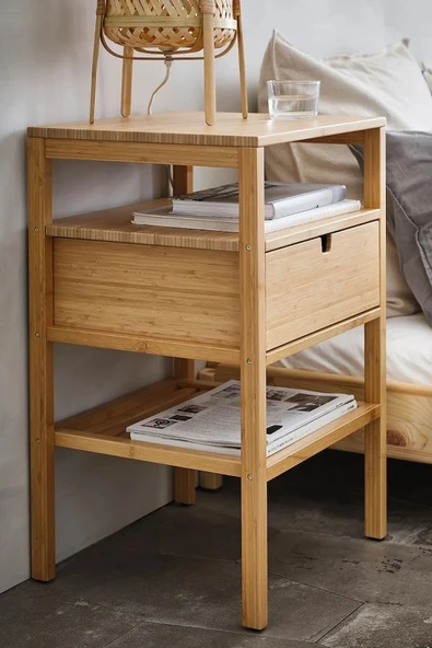 Bambu 3 Katlı Çekmeceli Oturma Odası Yatak Odası Komodini Raflı Komodin - Resim 2