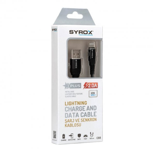 Syrox 2.0A iPhone Lightning Plus Hızlı Şarj & Data Kablo 1M C88