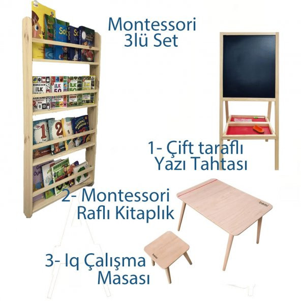 YOKO Montessori 3lü Set- Yazı Tahtası/Kitaplık/Çalışma Masası