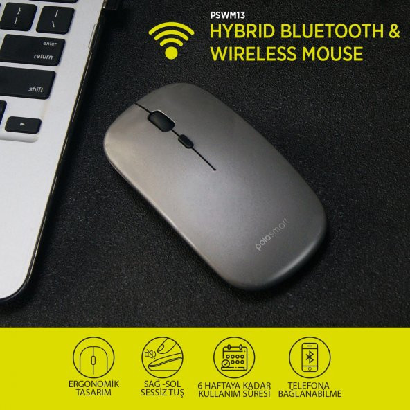 Polosmart PSWM13 Hybrid Bluetooth & Wireless Şarj Edilebilir Mouse K.Gri - 4