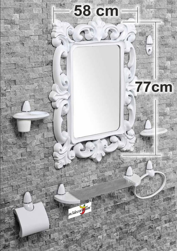 Büyük Dev 77 cm Aynalı Çok Parçalı 7 Parça Beyaz Banyo Ayna Seti