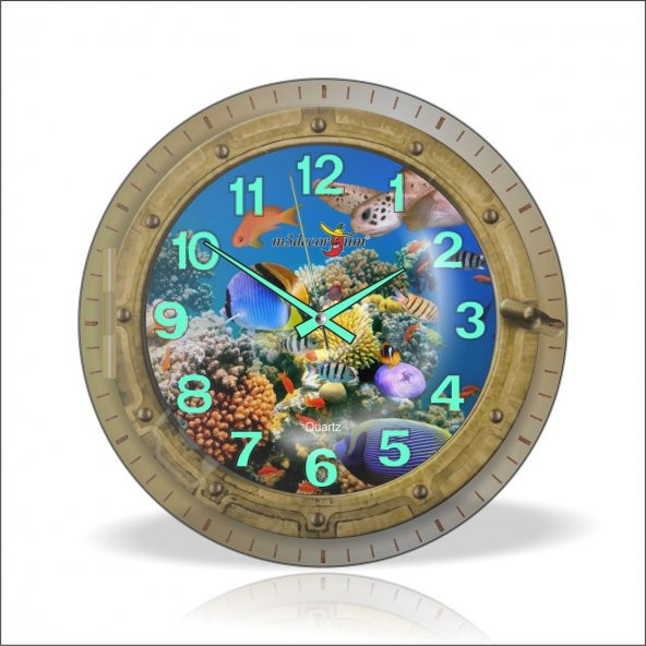 Çocuk Öğrenci Odası 35 cm Balıklı Bombe Cam Fosforlu Duvar Saati - Resim 3