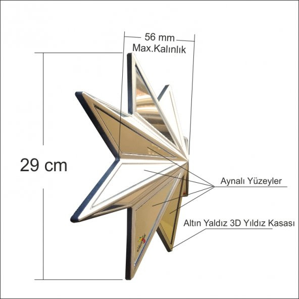 Altın Yaldız 3 Boyutlu 29 cm Yıldız Duvar Süsü Objesi Aynası