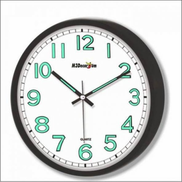 Mineral Ön Camlı 22cm Siyah Çerçeve Sessiz Fosforlu Duvar Saati