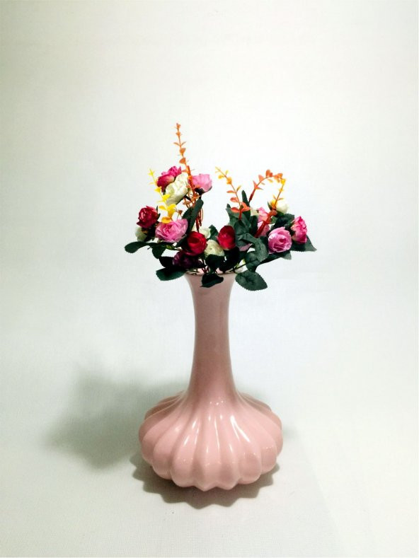 32 cm Tırtıklı Şişman Seramik Pembe Çiçekli Vazo