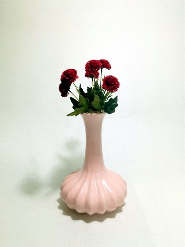 32 cm Tırıklı Seramik Pembe Karanfilli Vazo