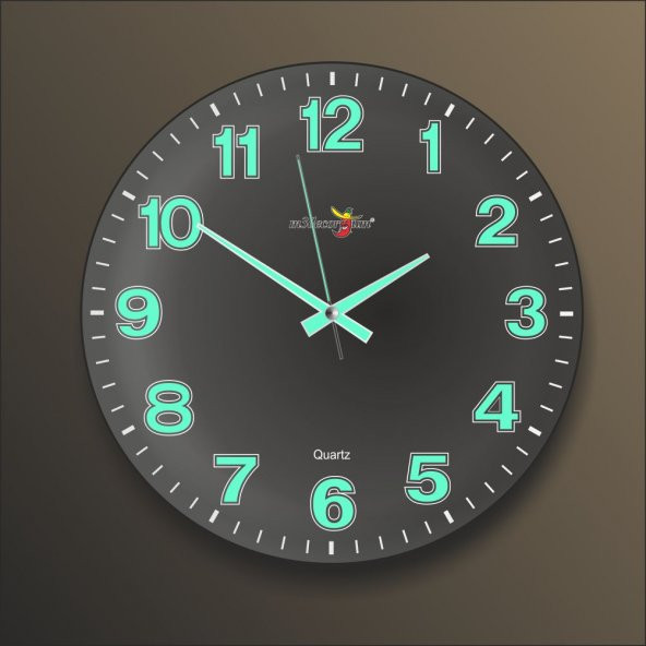 Siyah Zeminli Bombe Camlı Gece Parlayan Fosforlu 35cm Duvar Saati - Resim 3