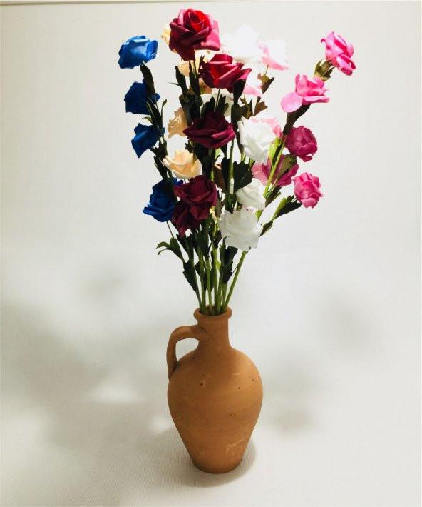 Uzun 7 Renk Gül Dolgun Çiçekli Kulplu Testi Vazo - Resim 2