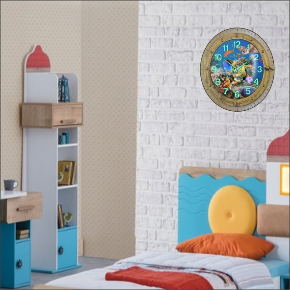 Çocuk Öğrenci Odası 35 cm Balıklı Bombe Cam Fosforlu Duvar Saati - Resim 4