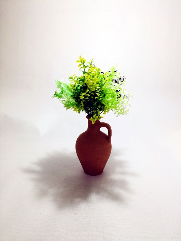 Mor Yeşil Açık Yeşil Yapraklar Dolgun Çiçekli Kulplu Testi Vazo - Resim 2