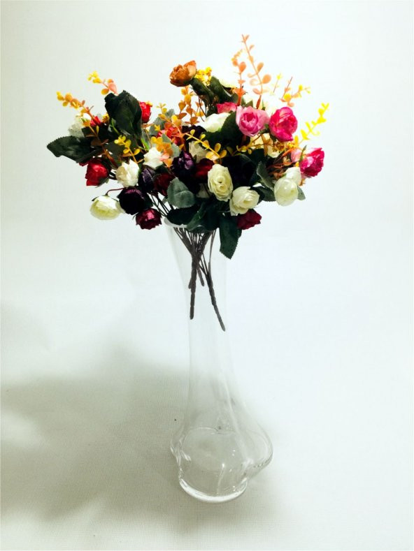 Uzun 40cm Cam Beyaz Kırmızı Pembe 4 Renk Aranjman Çiçekli Vazo