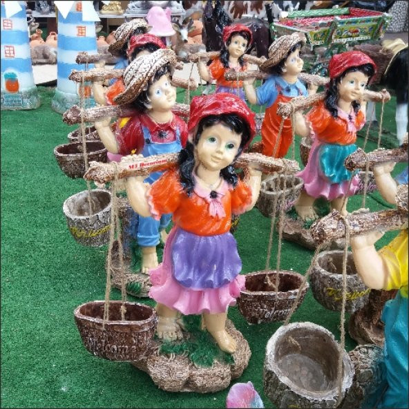 Gerçek Gibi Saksılı Sepetli Yoğurtçu Testili Kız 55 cm Ev Heykeli - Resim 3