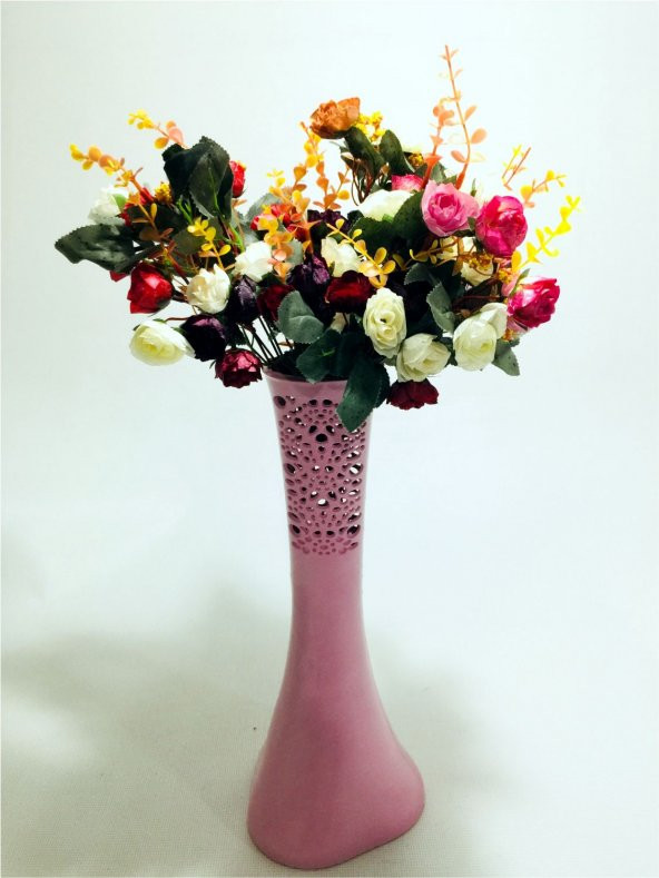 Uzun 40cm Pembe Desenli Vazo Renkli Arajman Güllü Yapay Çiçek