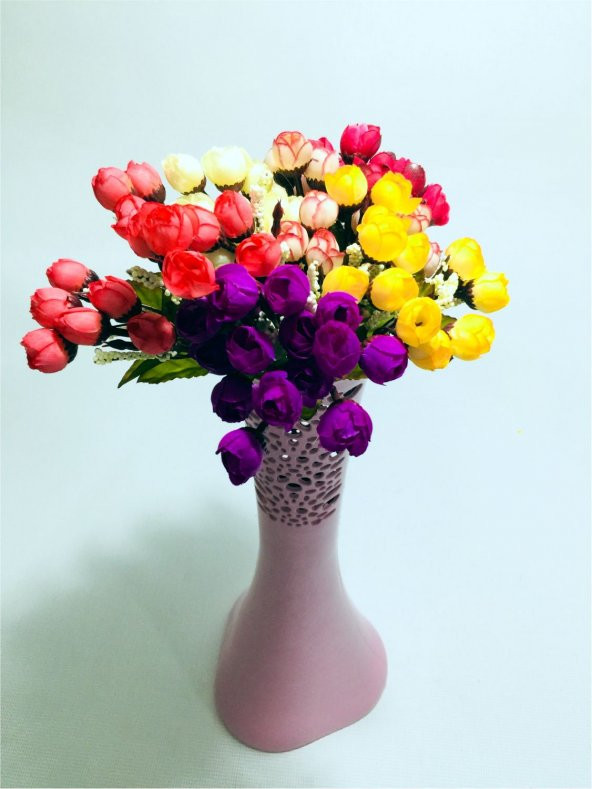 40cm Uzun Desenli Pembe 6 Renk Fındık Tomurcuk Güllü Vazo