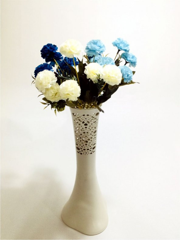 40cm Uzun Desenli Krem Mavi Beyaz 3 Renk Karanfil Çiçekli Vazo - Resim 2