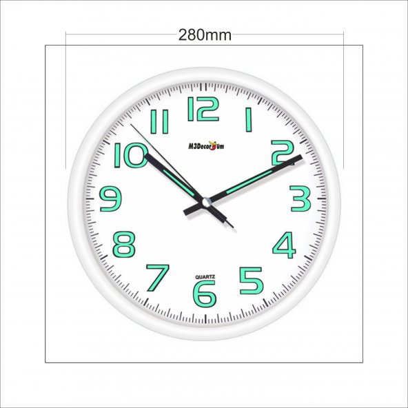 Beyaz Kasa 28 cm Fosforlu Sessiz Saniye Bombe Camlı Duvar Saati - 2