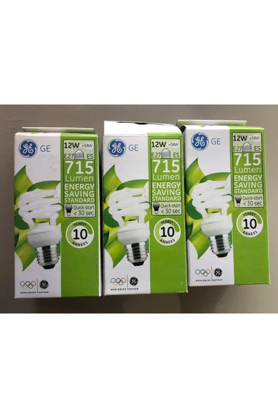 General Electric 3 ADET GENERAL ELC. E 27 TASARRUFLU LAMBA  12W=58W =715 LÜMEN  2700KELVİN SARI ürün görseli 1