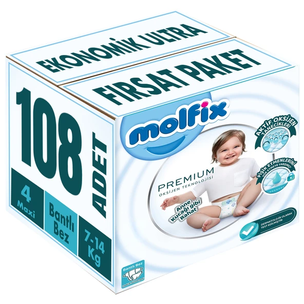 Molfix Premium Bebek Bezi Beden:4 (7-14KG) Maxi 108 Adet Ekonomik Ultra Fırsat Pk