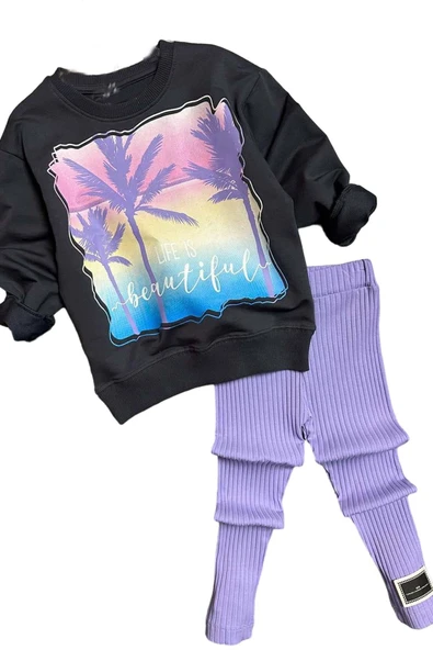 Kız Çocuk Palmiye ve Yazı Baskılı Kazak Fitilli Mor Taytlı Takım - 4