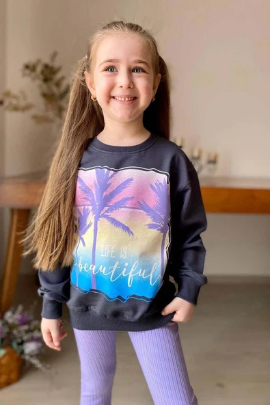 Kız Çocuk Palmiye ve Yazı Baskılı Kazak Fitilli Mor Taytlı Takım - 2