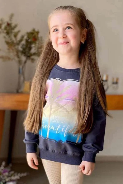 Kız Çocuk Palmiye ve Yazı Baskılı Kazak Fitilli Krem Taytlı Takım - 2