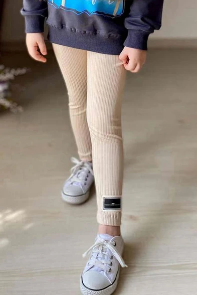 Kız Çocuk Palmiye ve Yazı Baskılı Kazak Fitilli Krem Taytlı Takım - 3