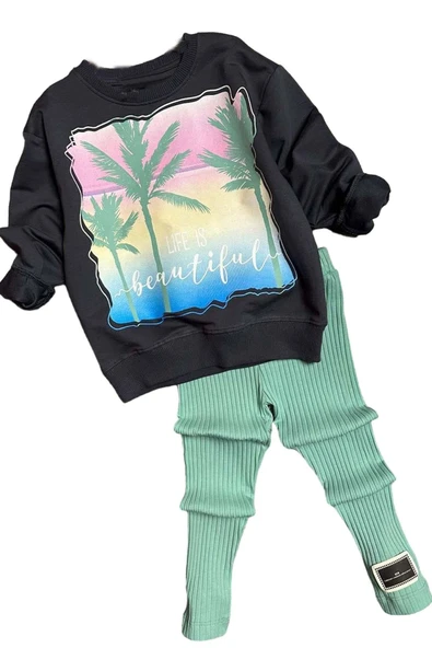 Kız Çocuk Palmiye ve Yazı Baskılı Kazak Fitilli Yeşil Taytlı Takım - 4