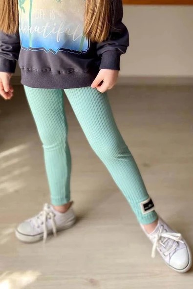 Kız Çocuk Palmiye ve Yazı Baskılı Kazak Fitilli Yeşil Taytlı Takım - 3