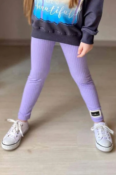 Kız Çocuk Palmiye ve Yazı Baskılı Kazak Fitilli Mor Taytlı Takım - 3