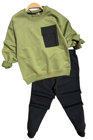 Erkek Çocuk Kapak Cepli Bisiklet Yaka Sweatshirt Haki Yeşil Eşofman Takım - 4