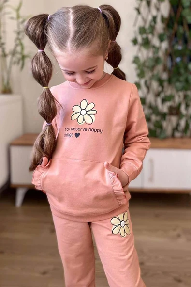 Kız Çocuk Papatya Baskılı ve Fırfır Cep Detaylı Sweat Alt Eşofman Somon Eşofman Takım - Resim 3