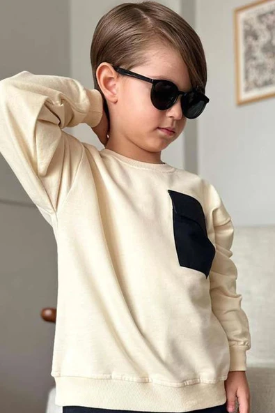 Erkek Çocuk Kapak Cepli Bisiklet Yaka Sweatshirt Krem Eşofman Takım - 3