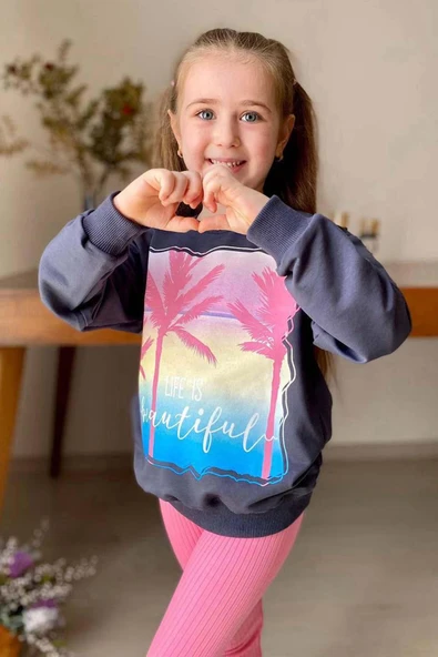 Kız Çocuk Palmiye ve Yazı Baskılı Kazak Fitilli Pembe Taytlı Takım - 2