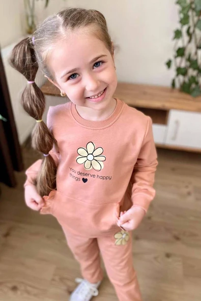 Kız Çocuk Papatya Baskılı ve Fırfır Cep Detaylı Sweat Alt Eşofman Somon Eşofman Takım - Resim 2
