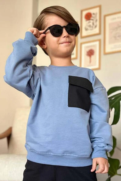 Erkek Çocuk Kapak Cepli Bisiklet Yaka Sweatshirt Mavi Eşofman Takım - Resim 2