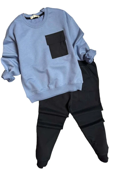 Erkek Çocuk Kapak Cepli Bisiklet Yaka Sweatshirt Mavi Eşofman Takım - Resim 4