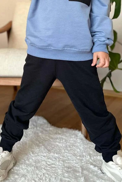 Erkek Çocuk Kapak Cepli Bisiklet Yaka Sweatshirt Mavi Eşofman Takım - Resim 3