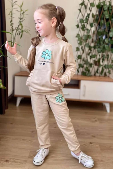 Kız Çocuk Papatya Baskılı ve Fırfır Cep Detaylı Sweat Alt Eşofman Krem Eşofman Takım ürün görseli