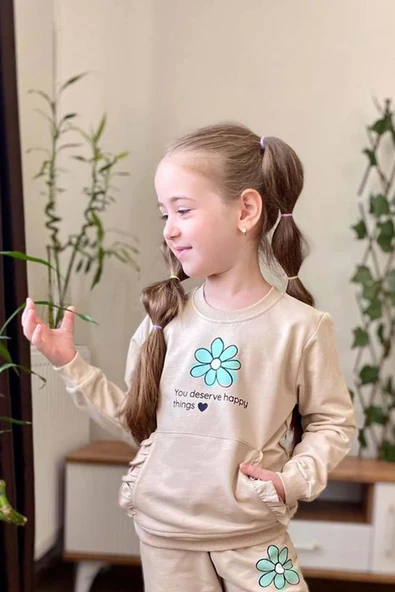 Kız Çocuk Papatya Baskılı ve Fırfır Cep Detaylı Sweat Alt Eşofman Krem Eşofman Takım - Resim 3