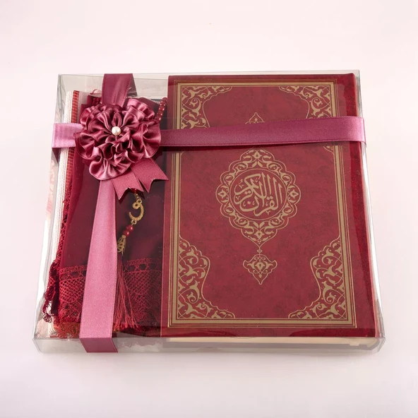 Şal + Seccade + Tesbih + Kuran Hediye Seti (Orta Boy, Ekonomik Cilt, Bordo) - 2
