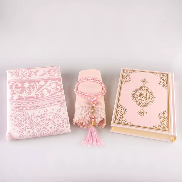 Şal + Seccade + Tesbih + Kuran Hediye Seti (Orta Boy, Ekonomik Cilt, Pembe) - Resim 3