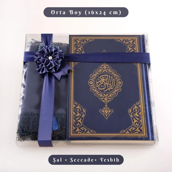 Şal + Seccade + Tesbih + Kuran Hediye Seti (Orta Boy, Ekonomik Cilt, Lacivert) ürün görseli 1